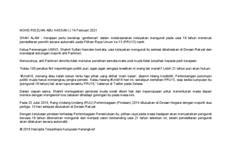 Kelayakan Mengundi 18 Tahun PRU15 | PDF