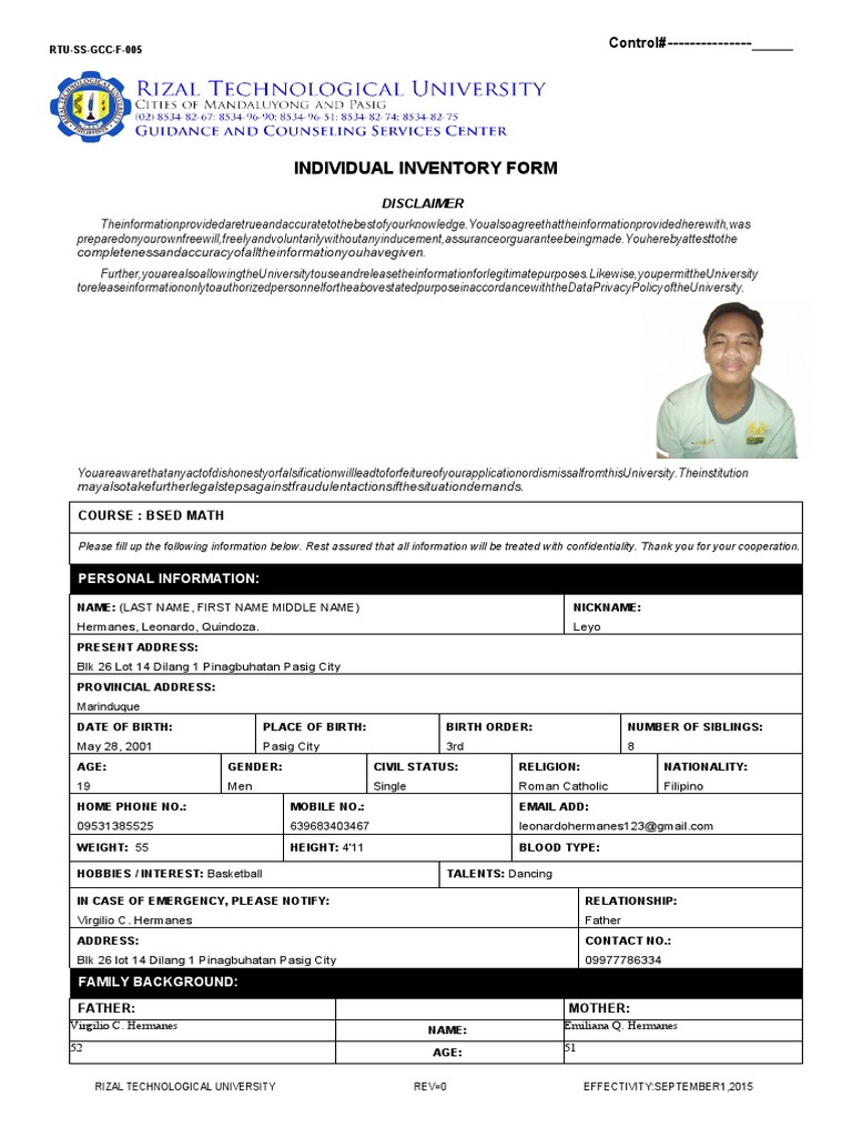 RTU Individual Inventory Form | PDF | Human Nature | Behavioural Sciences