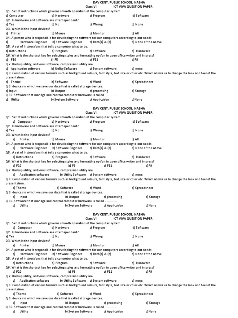 Viva Question Paper Class 6 PDF Input/Output Computer Hardware