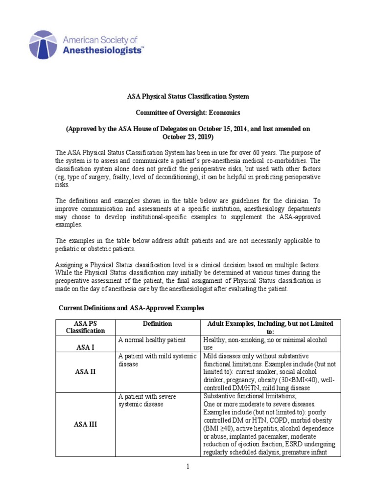 ASA Physical Status Classification Guide | PDF | Diseases And Disorders ...