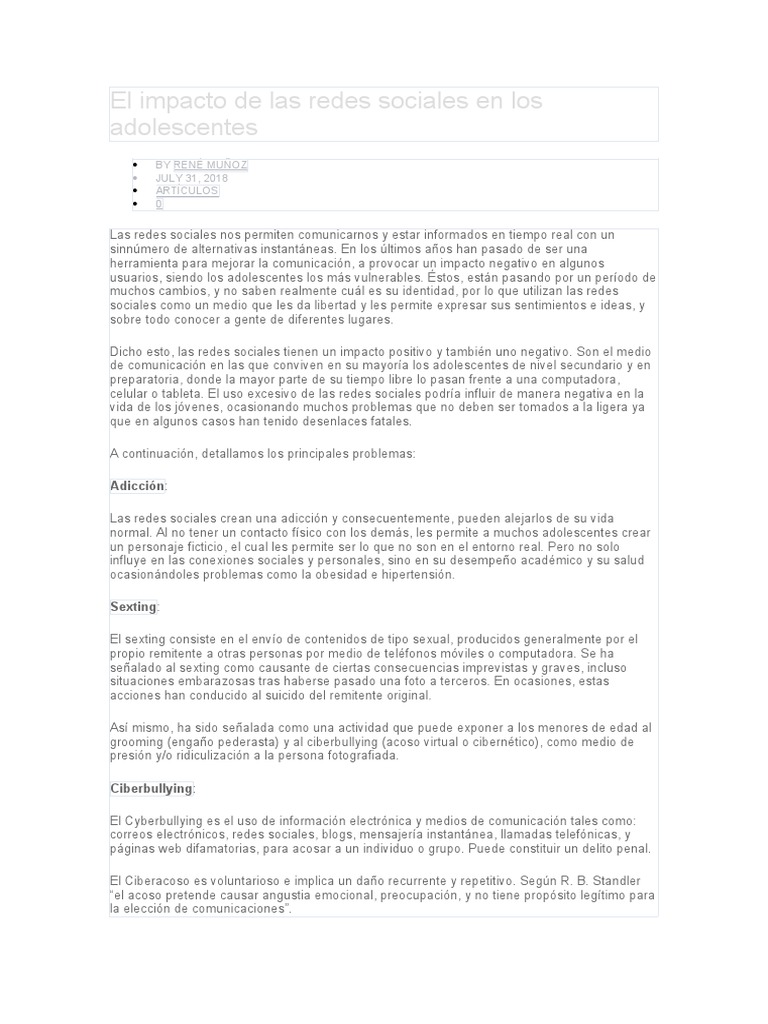Impacto de redes sociales en adolescentes | PDF | Acoso cibernético ...