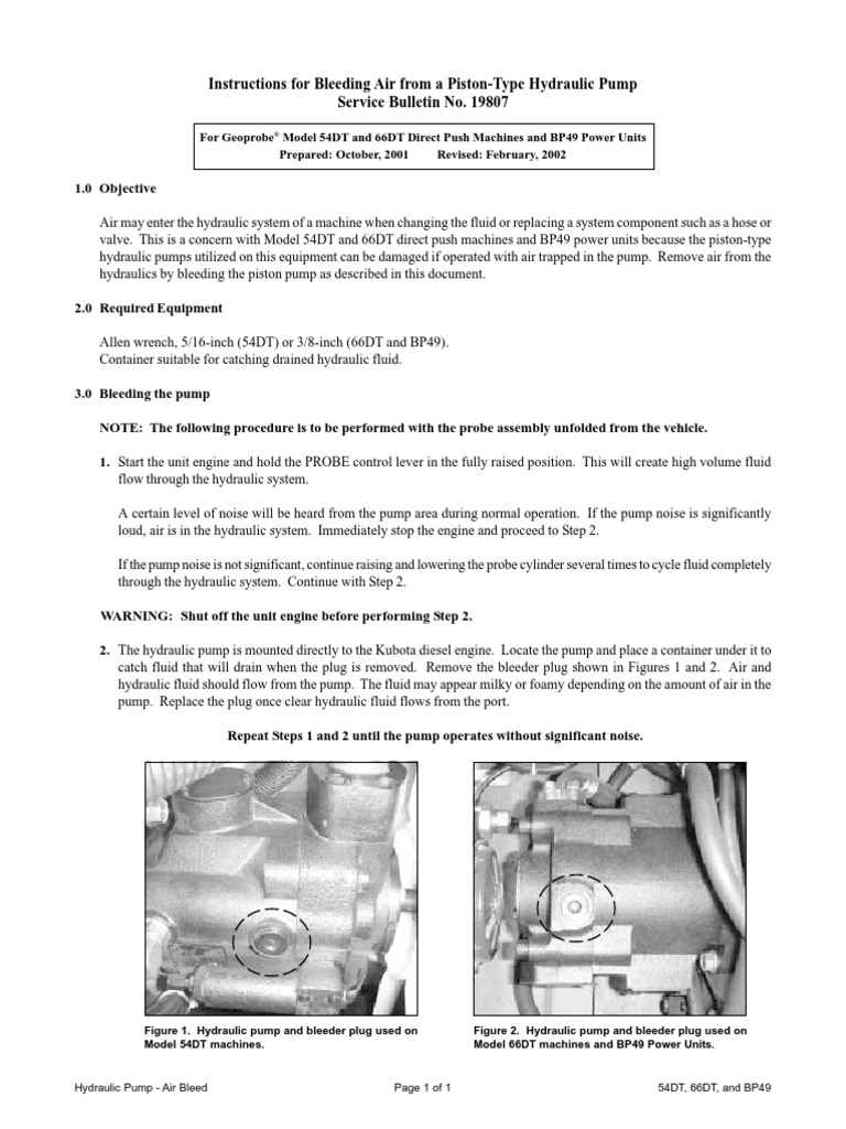 Instructions For Bleeding Air From A PistonType Hydraulic Pump Service