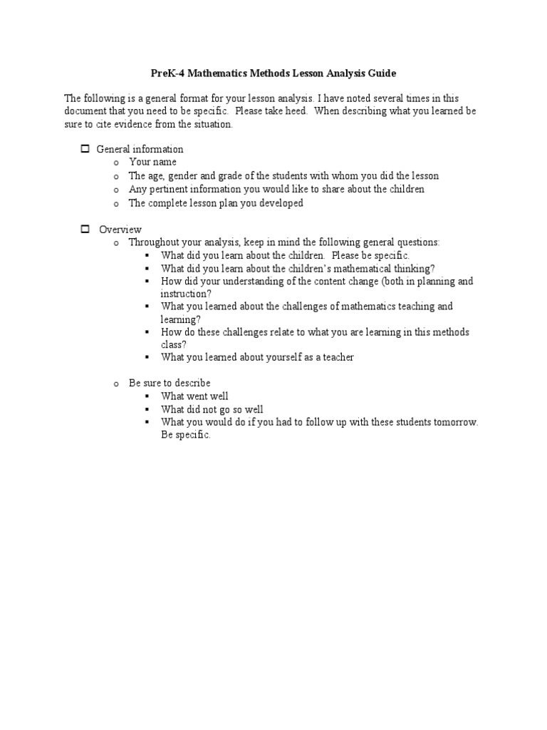 PreK-4 Math Lesson Analysis Guide | PDF