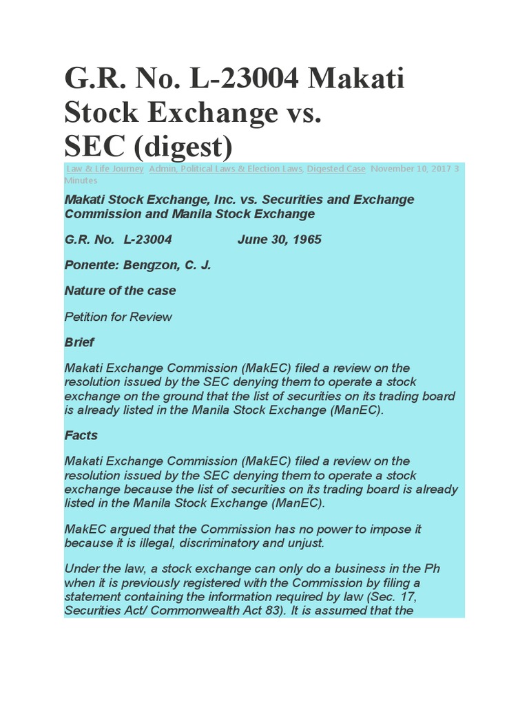 Makati Stocks Exchange Vs SEC PDF U.S. Securities And Exchange