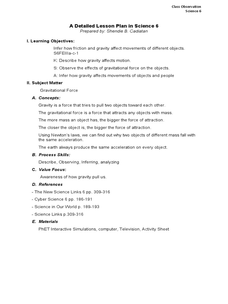 Gravity and Friction Lesson Plan for Grade 6 | PDF | Gravity | Force