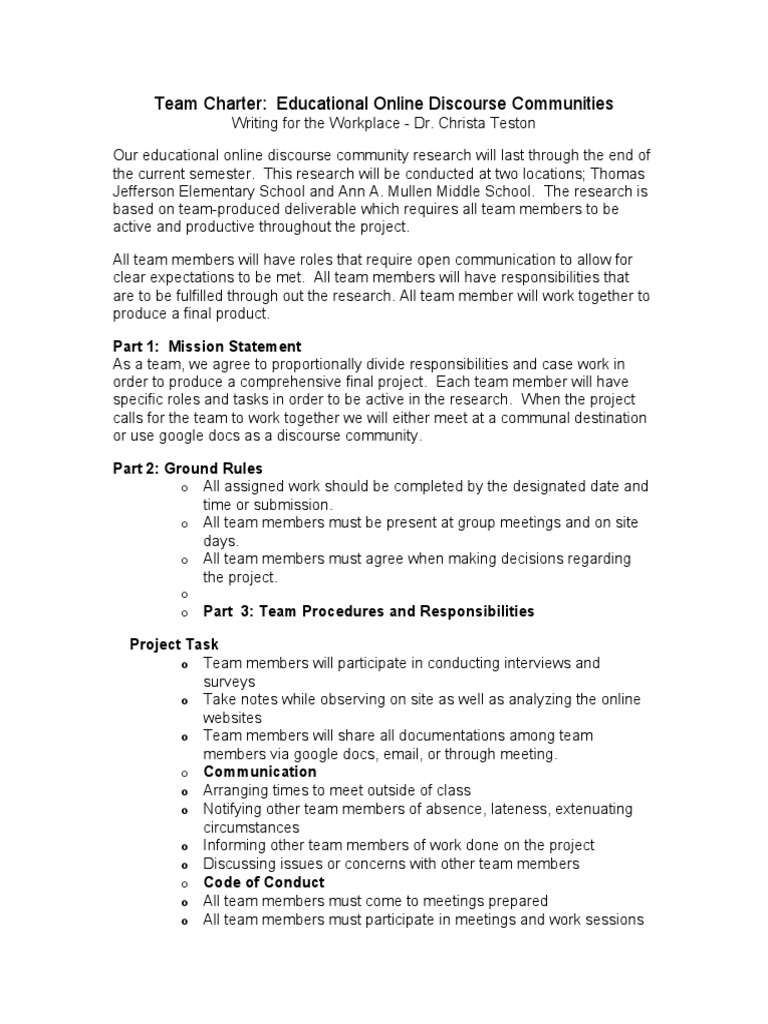 Team Charter for Online Discourse Research | PDF | Communication | Skill