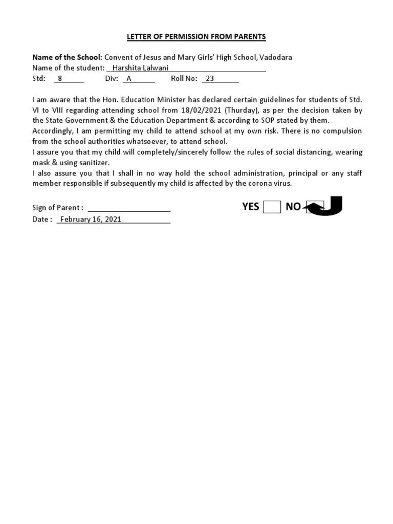 Parent Permission Letter for School Attendance | PDF