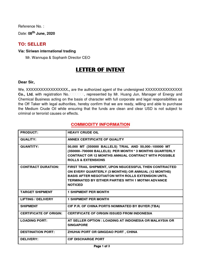 Letter of Intent for Crude Oil Purchase | PDF | Letter Of Credit | Trade