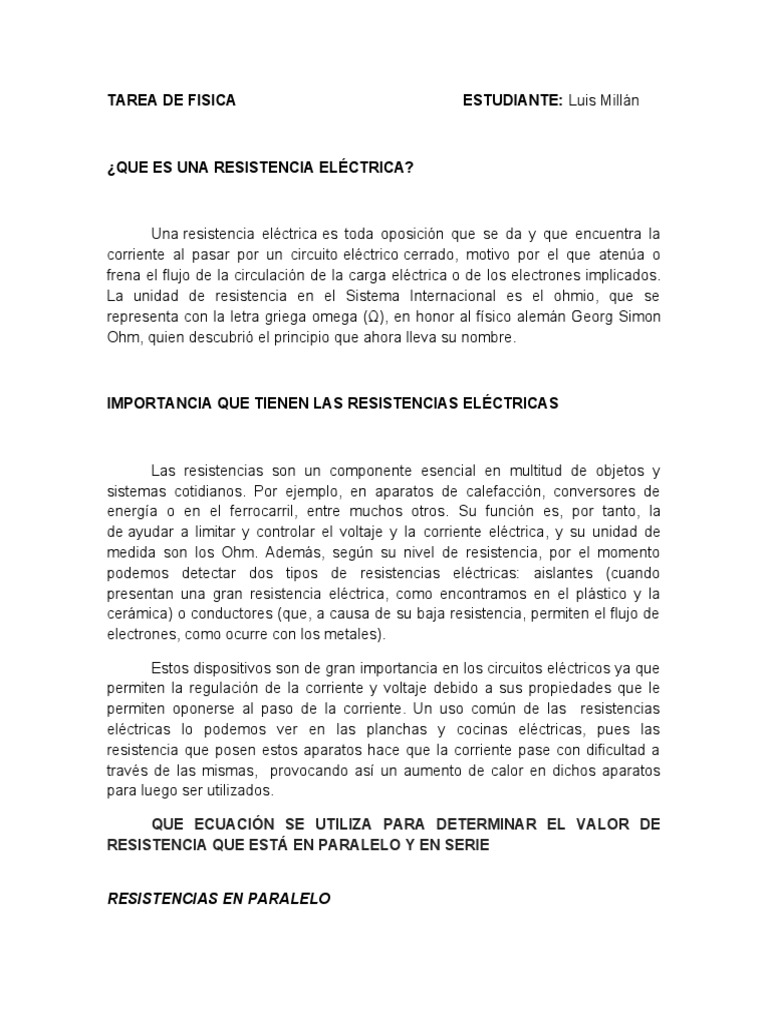 Definición y Cálculo de Resistencia Eléctrica | PDF | Resistencia ...
