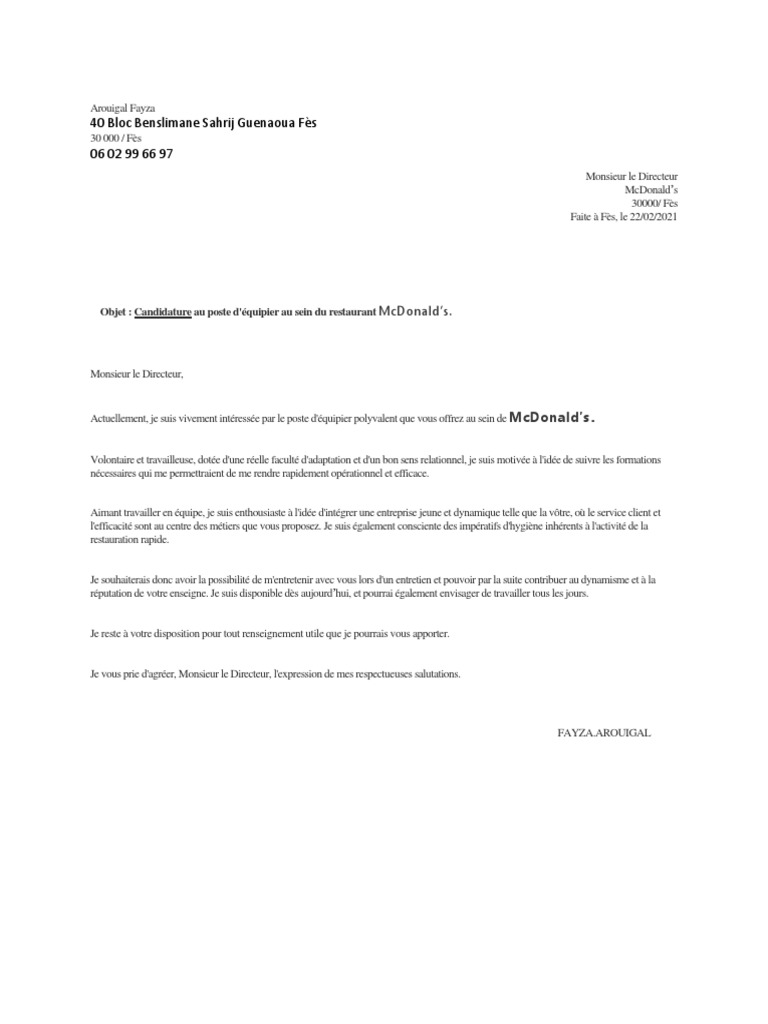 Lettre De Motivation Mcdo Pdf