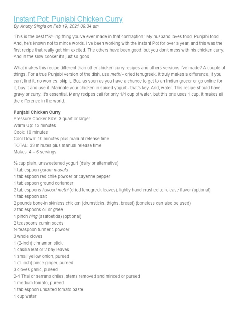 Punjabi Chicken Instant Pot Recipe | PDF | Curry | Ginger
