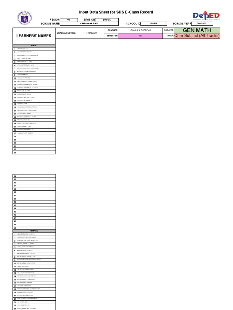 Gen math input data sheet for shs e class record pdf