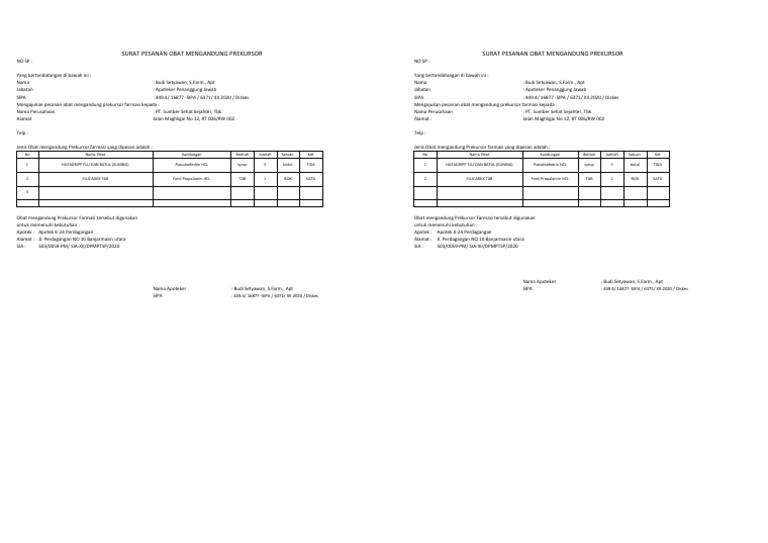 Surat Pesanan Obat Prekursor Banjarmasin | PDF