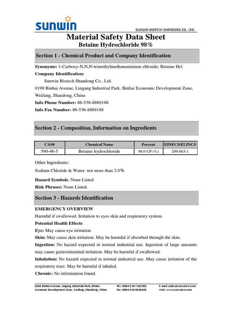 Betaine Hydrochloride MSDS PDF Personal Protective Equipment