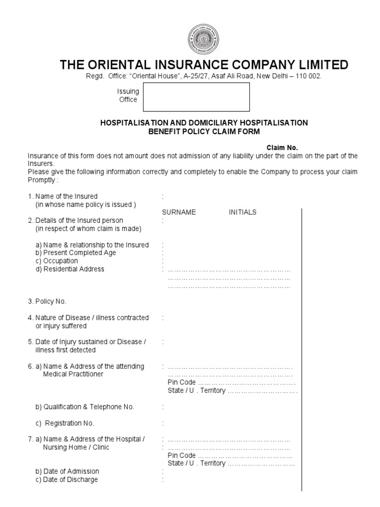 The Oriental Insurance Company Limited: Hospitalisation and Domiciliary