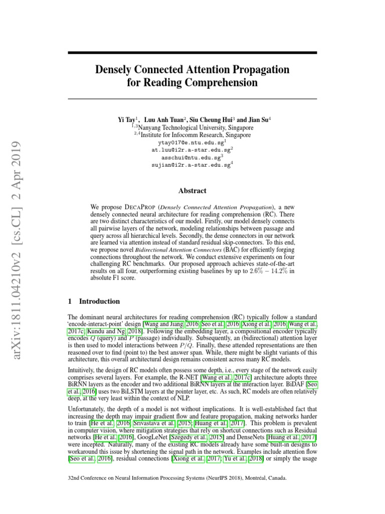 Densely Connected Attention Propagation For Reading Comprehension | PDF ...