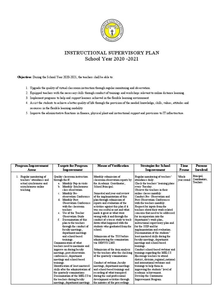 Instructional Supervisory Plan 2020-2021 | PDF | Schools | Teachers