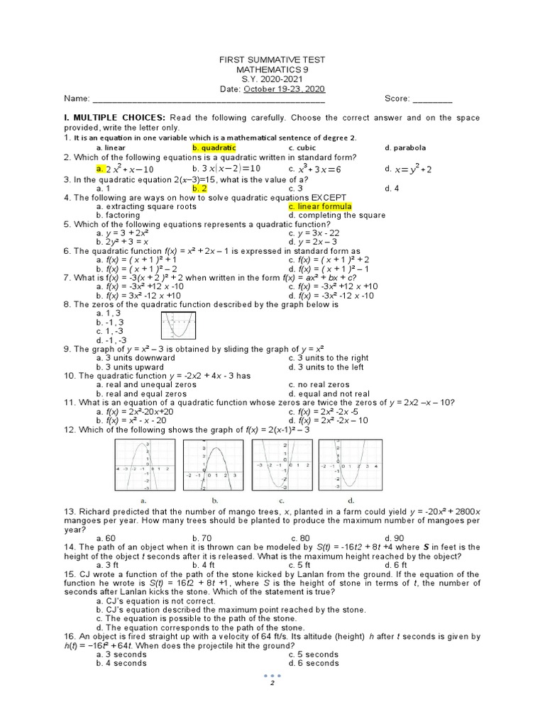 Grade 9 | PDF | Quadratic Equation | Equations