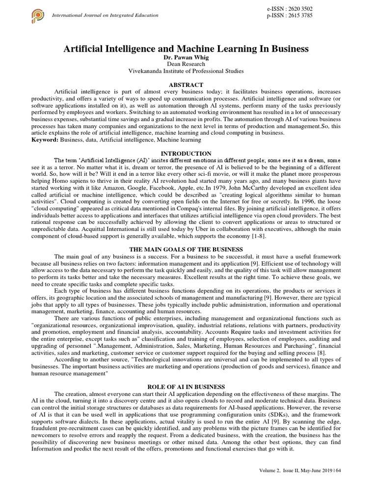 Artificial Intelligence And Machine Learning In Business Pdf