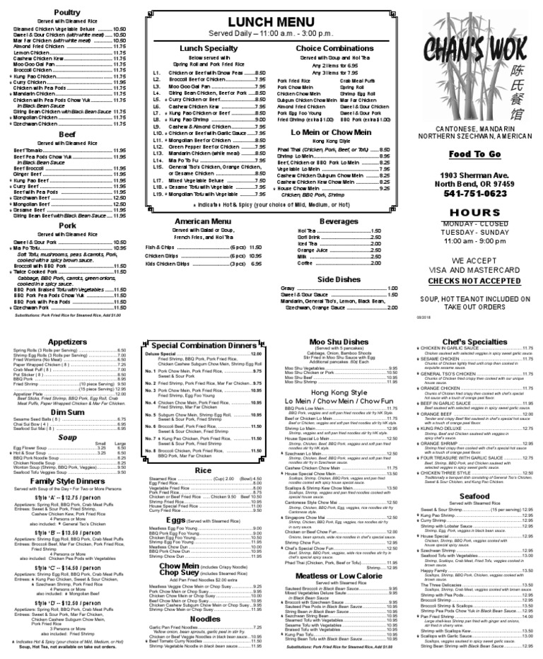 Chans Wok To-Go Menu | PDF | Tofu | Chinese Cuisine