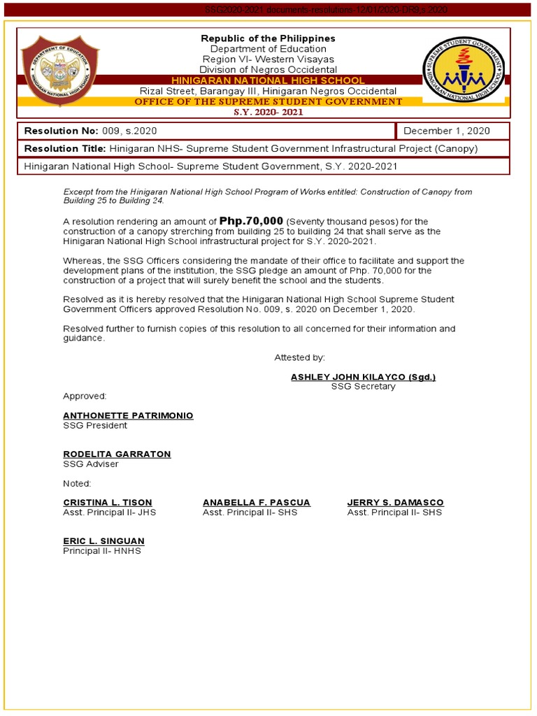 Office of The Supreme Student Government S.Y. 2020-2021: Hinigaran ...