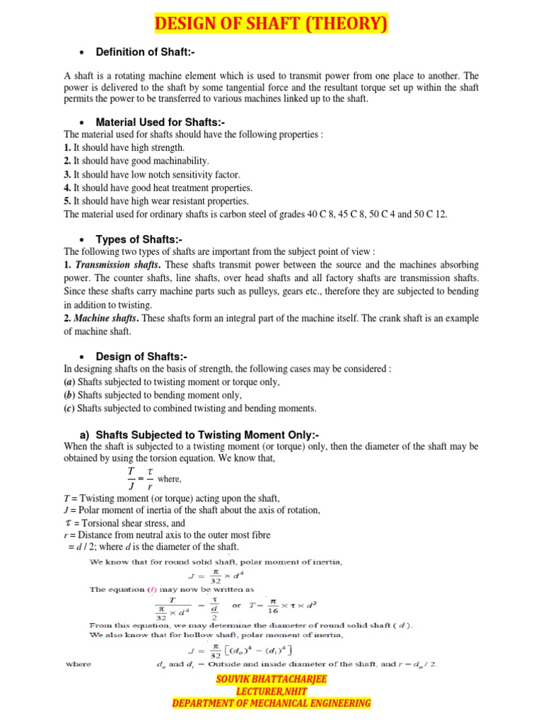 Definition of Shaft A) Shafts Subjected To Twisting Moment Only