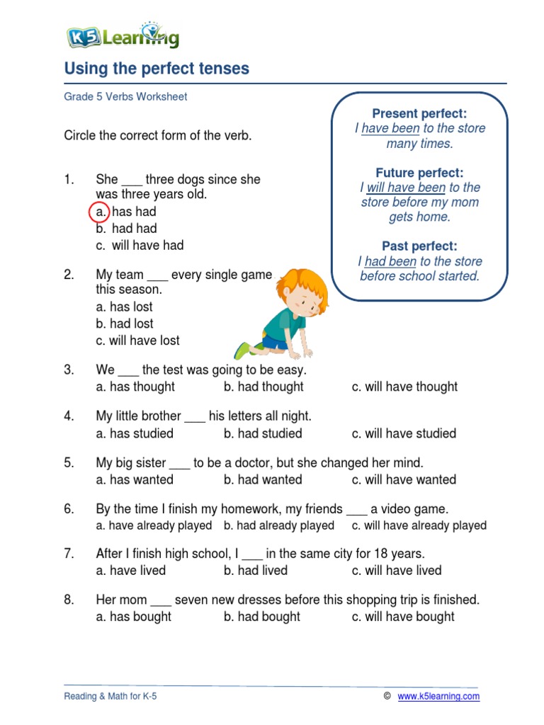 Using The Perfect Tenses: Grade 5 Verbs Worksheet | PDF | Grammatical Tense  | Grammar, image size:768x1024