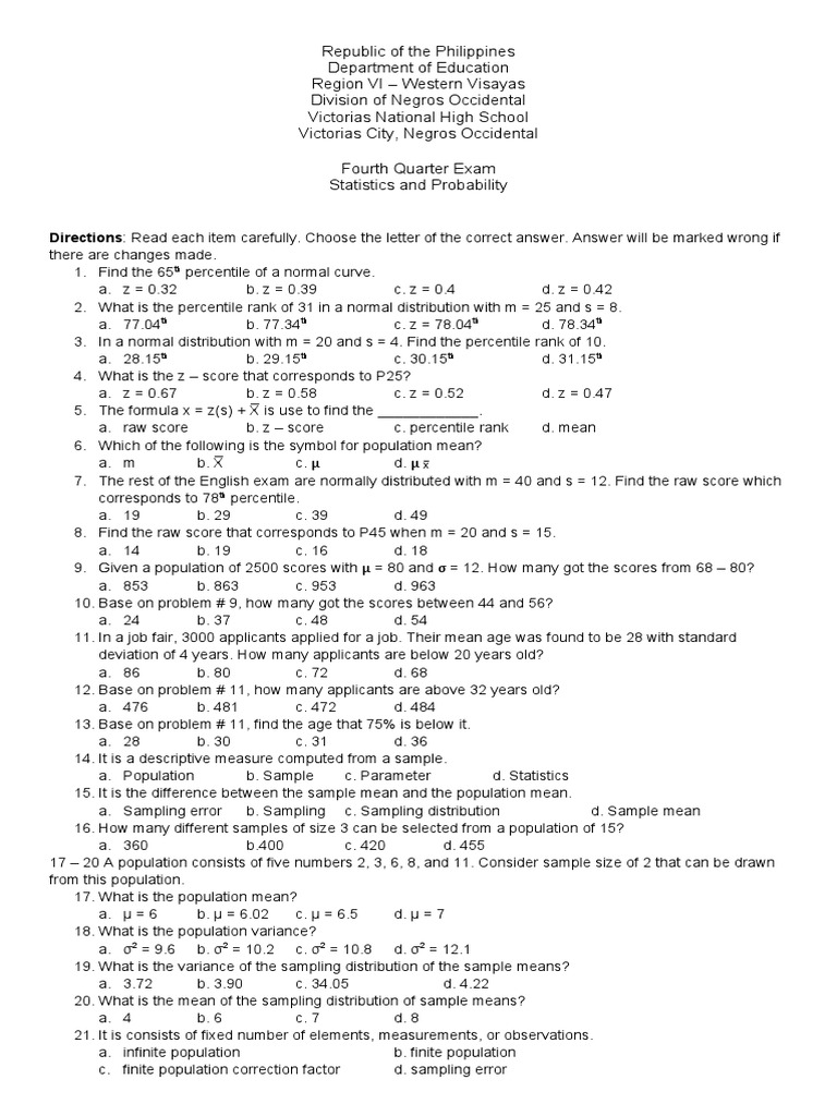 4th Quarter Exam Stat and Prob PDF Standard Error Sampling