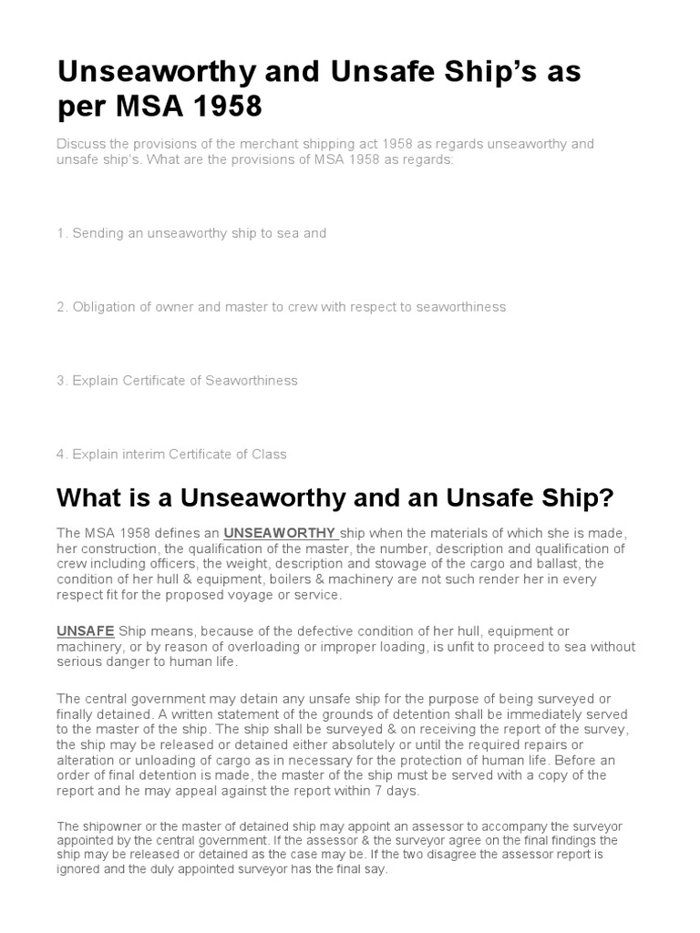 Analysis of the provisions of the merchant shipping act 1958 regarding