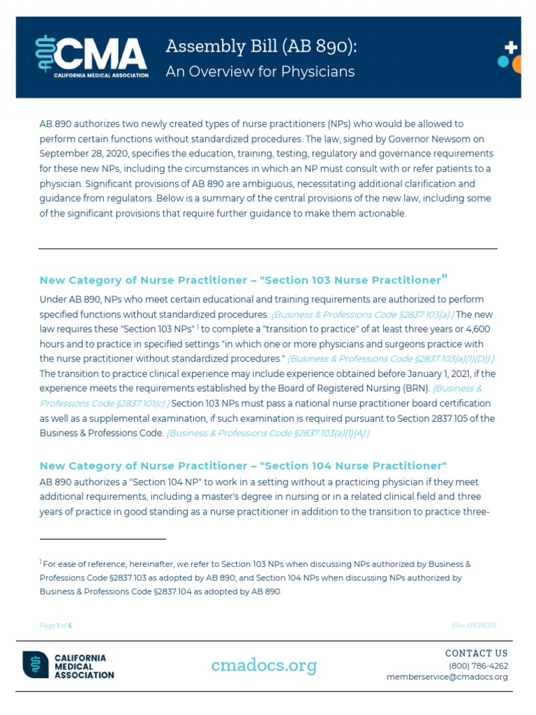 Assembly Bill (AB 890) An Overview For Physicians PDF Nurse Practitioner Physician