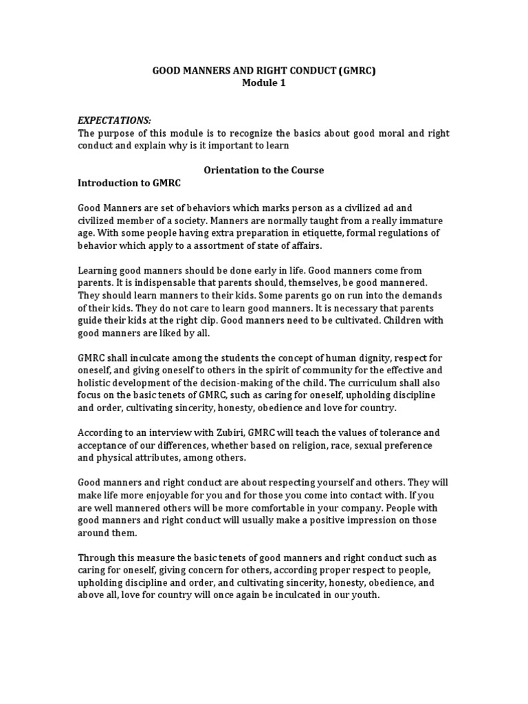GMRC - Module 1 | PDF | Etiquette | Psychological Concepts
