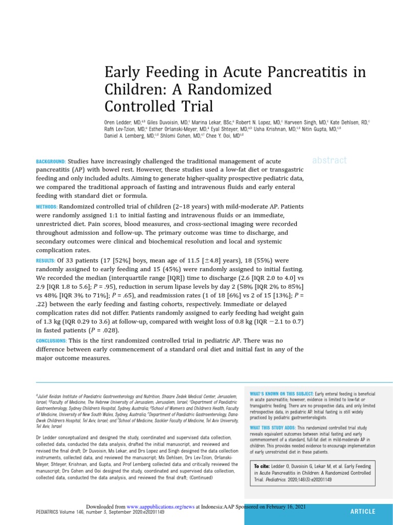 Early Feeding in Acute Pancreatitis in Children A Randomized Controlled ...