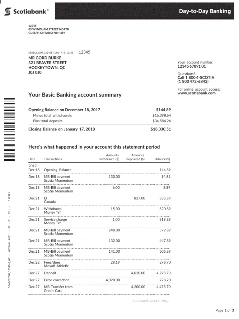Scotiabank Statement PDF Payments Financial Transaction