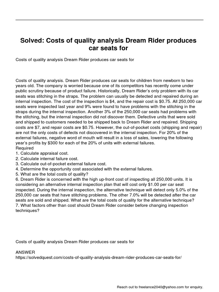 Costs of Quality Analysis for Car Seats | PDF | Cost | Business Economics