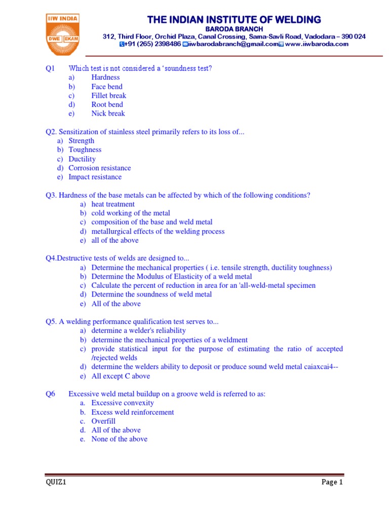 Welding Quiz 1 PDF Welding Construction