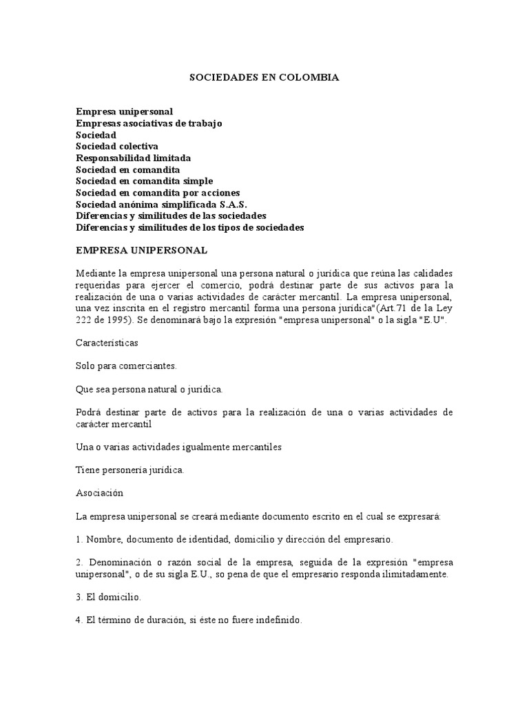 Tipos de Sociedades en Colombia | PDF | Sociedad de responsabilidad ...