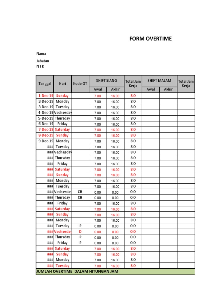 Formulir Overtime Karyawan Bulan Desember | PDF