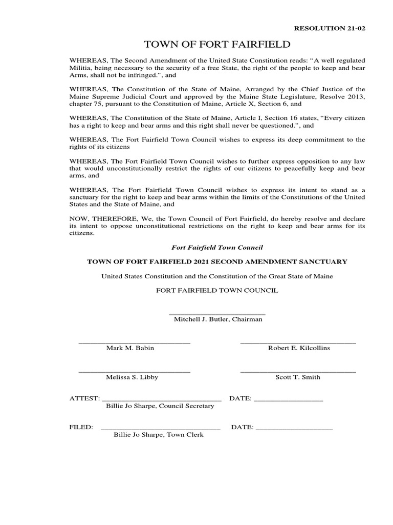 Fort Fairfield Second Amendment Resolution | PDF | Social Science | Law