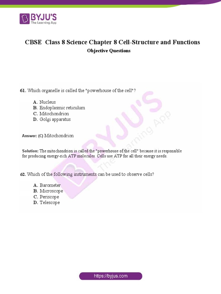 Cbse Class 8 Science Chapter 8 Cell Structure And Functions Objective
