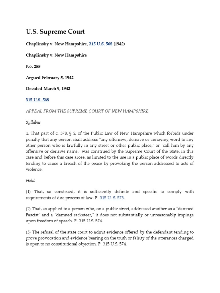 Fighting Words Doctrine Established Supreme Court Upholds