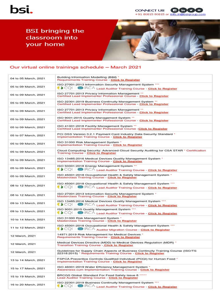 BSI Training Calendar March2021 PDF Payment Card Industry Data