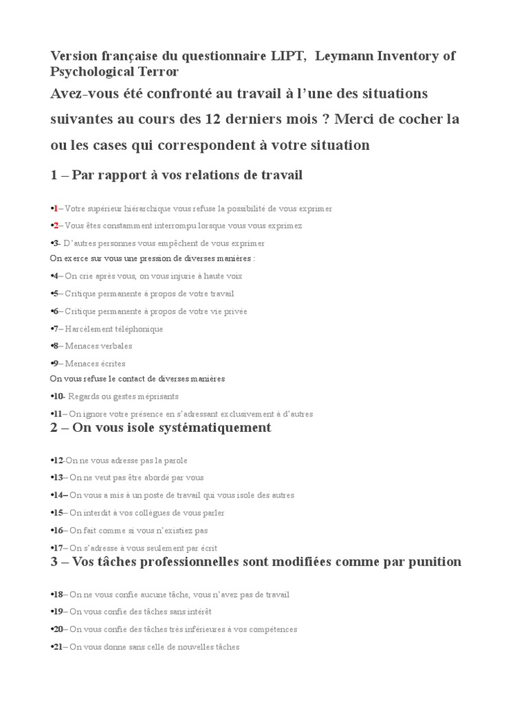Questionnaire LIPT sur le harcèlement au travail | PDF | Abus ...