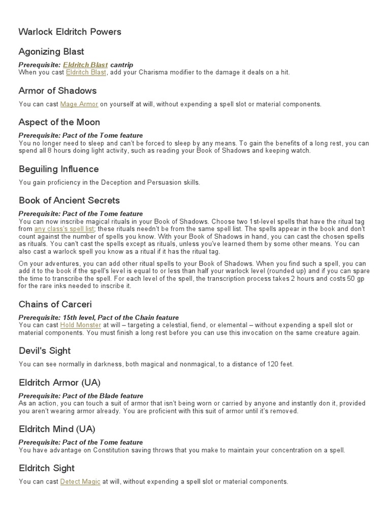 Warlock Eldritch Powers 5E | PDF | Role Playing Games | Fantasy