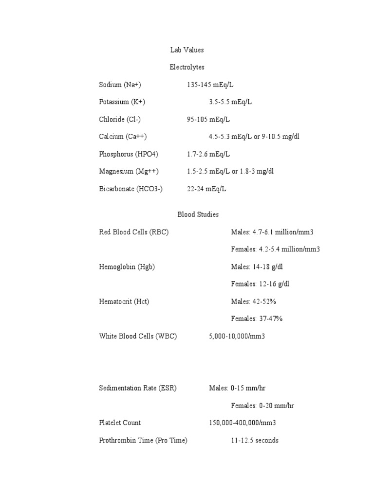 Lab Values PDF Electrolyte Dehydration