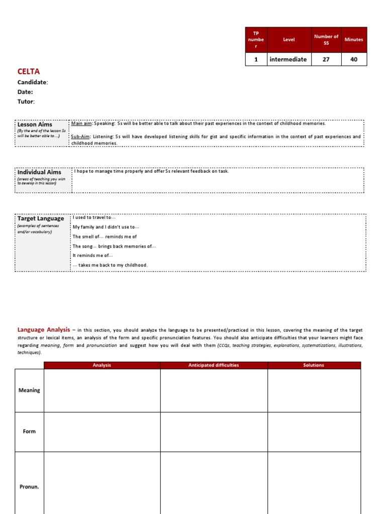 CELTA Speaking Lesson Plan: Childhood Memories | PDF | Lesson Plan ...