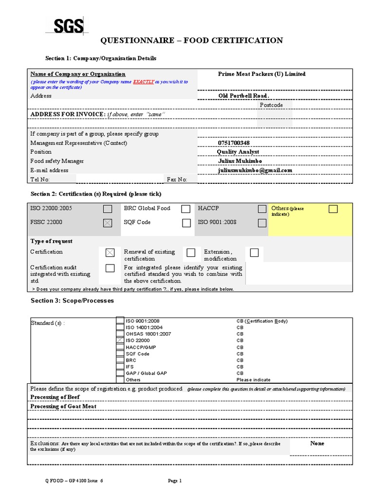 Food Certification Questionnaire Template | PDF | Drink | Beef