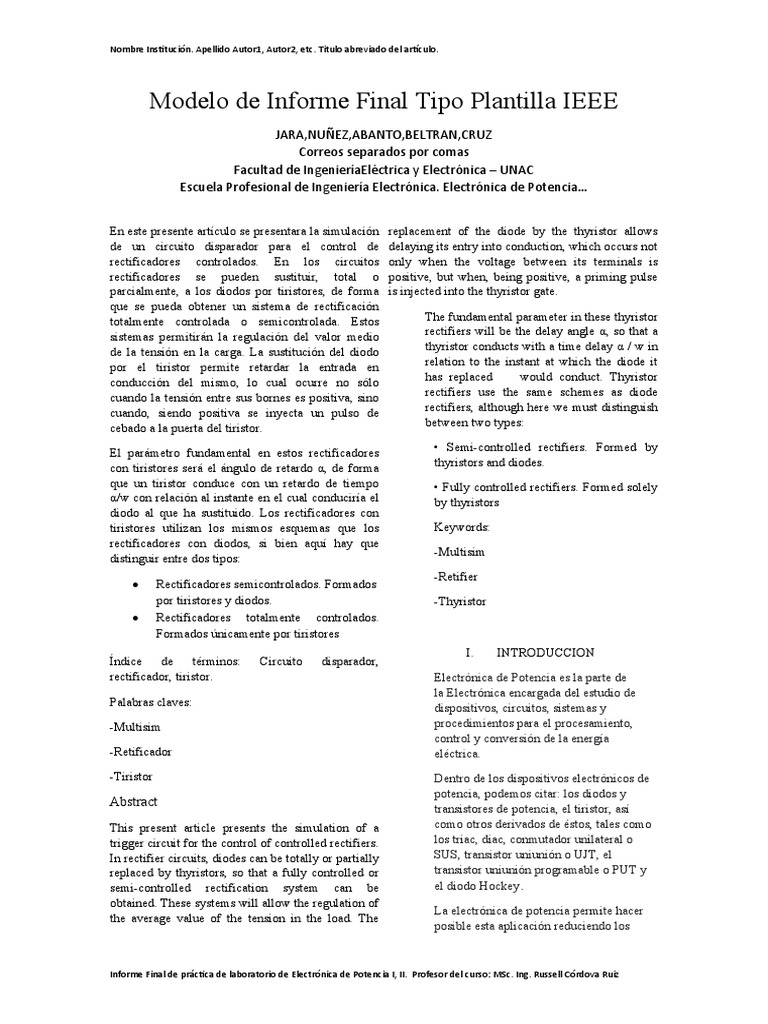 Modelo de Informe Final Tipo Plantilla IEEE | PDF | Electrónica ...