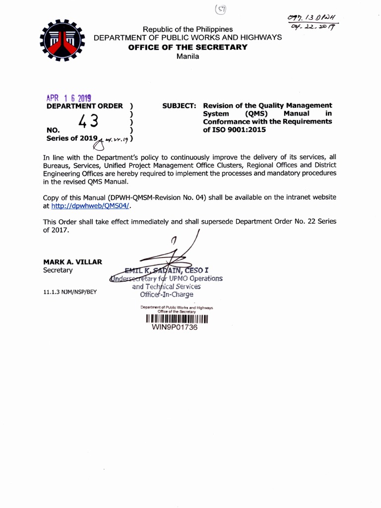 DPWH QMS Manual Revision 2019 | PDF