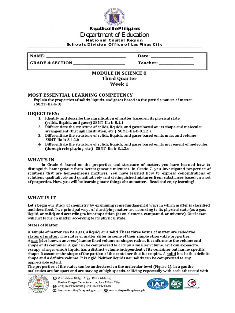 Module in Science 8 Third Quarter Week 1 Most Essential Learning ...