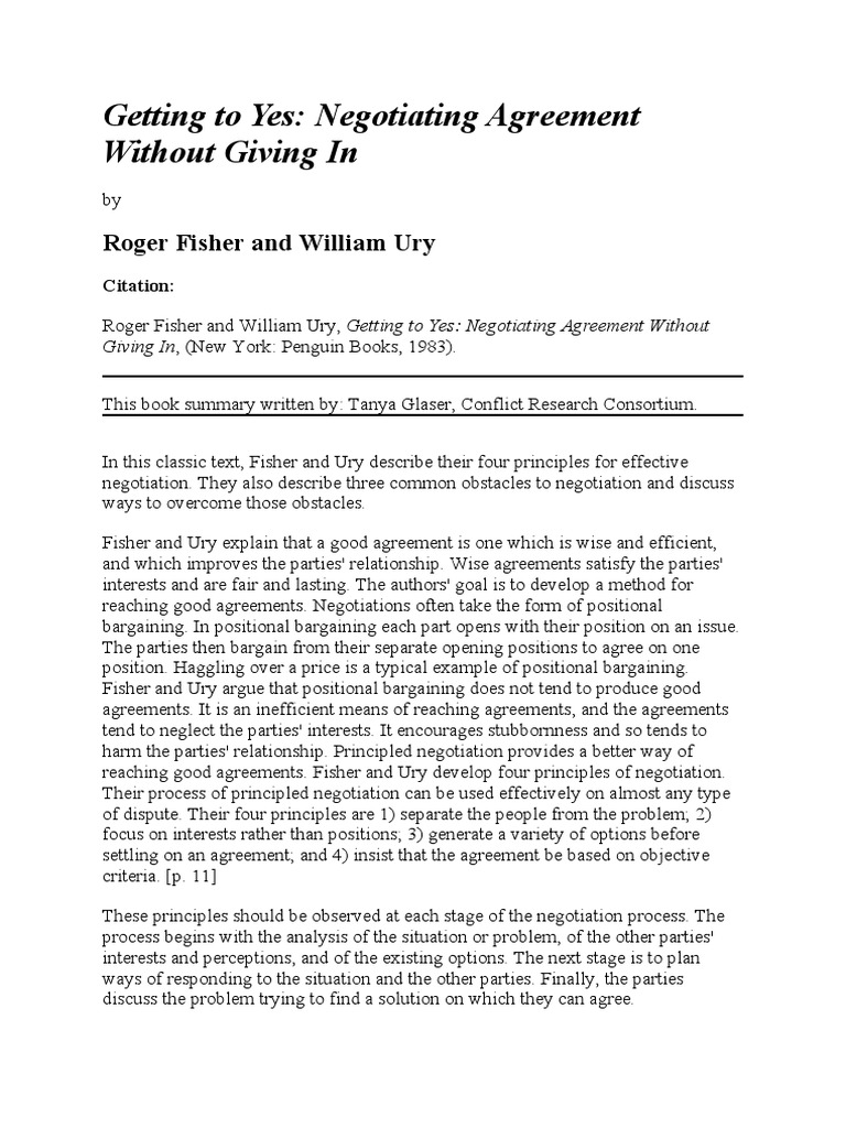 Getting To Yes - SUMMARY (2018) | PDF | Bargaining | Negotiation